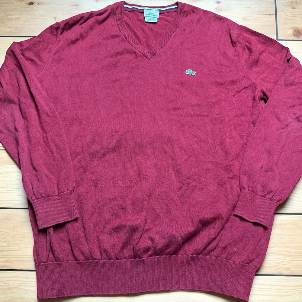 Lacoste Men's 100% Cotton V-Neck‎ Pullover Sweater Maroon Red • Size 6 Croc Logo